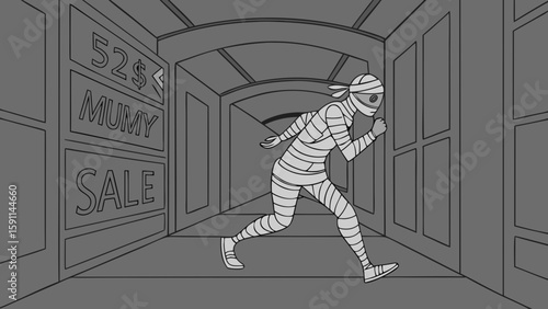 A running mummy in a corridor with a sign that says mummy sale for fifty two cents on the left side