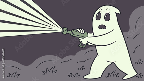 Cartoon ghost shooting a bright light from a water gun in a dark grassy outdoor setting at night