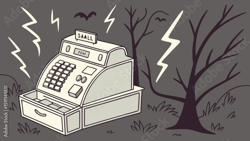 A vintage cash register in a spooky outdoor scene with lightning and bare trees under a dark sky night