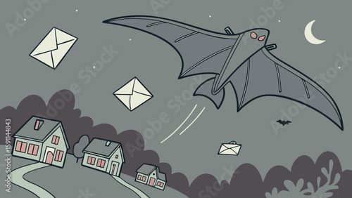 Illustration of a bat delivering mail over a neighborhood at night with a crescent moon and stars