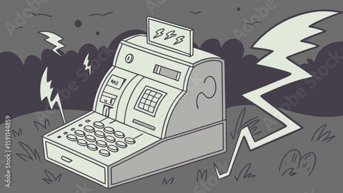 Illustration of a vintage cash register surrounded by lightning bolts in a stormy landscape scene