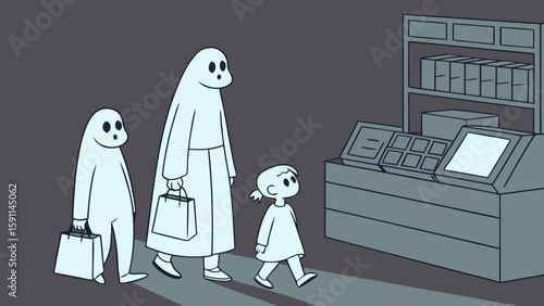Illustration depicting two ghost figures and a child walking past a store counter with items on display
