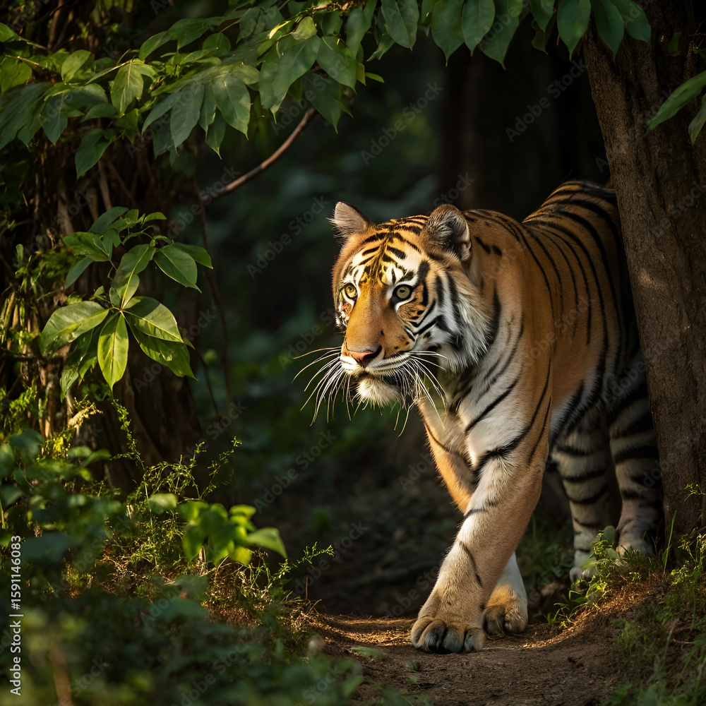 Obraz premium bengal tiger emerging from dense jungle foliage