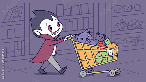 Cartoon vampire pushing a shopping cart filled with toys and food in a grocery store aisle scene