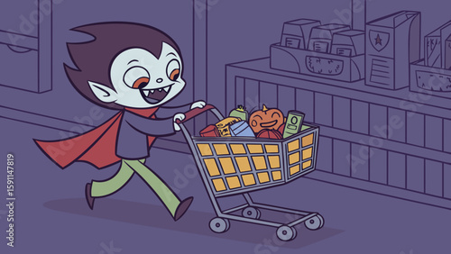 Cartoon vampire happily pushing a shopping cart full of groceries through a supermarket aisle at night