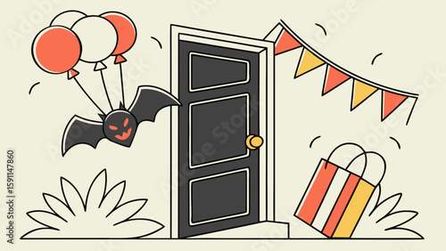 Halloween scene with open door bat balloons banner and treat bag for trick or treating fun party time