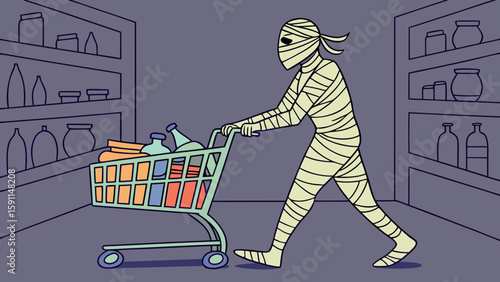 A mummy pushing a shopping cart full of groceries down an aisle in a grocery store with shelves stocked
