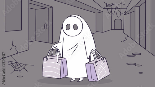 Cartoon ghost carrying shopping bags in a dilapidated hallway with spiderweb and cracked walls design