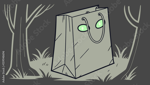 A spooky shopping bag with glowing eyes stands in a dark forest with trees and grass around it all alone