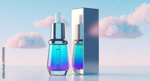 A cosmetic serum bottle and its box, reflecting a gradient of colors, set against a dreamy sky.