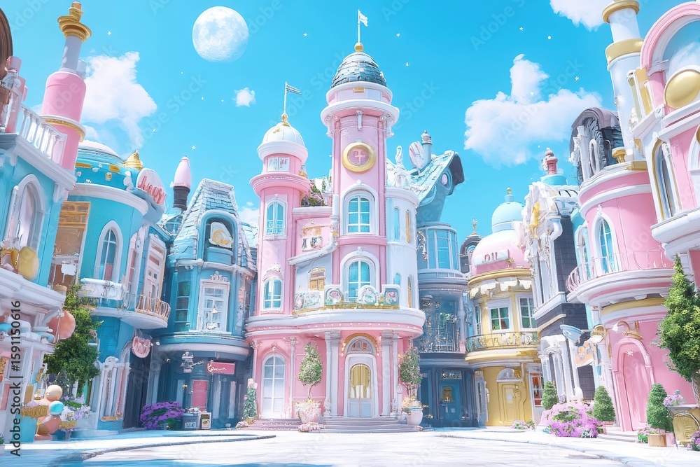 Pastel-colored buildings in a whimsical, dreamlike town. Pastel-colored buildings in a whimsical, dreamlike town.