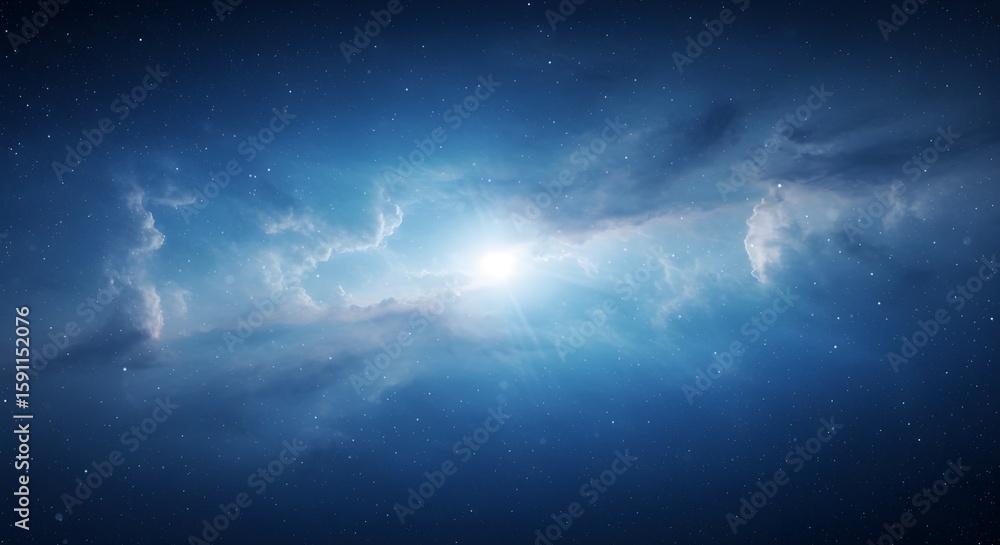 Fototapeta premium Bright sun rays pierce through the clouds in a clear blue sky, illuminating an abstract underwater scene