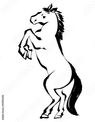 午年、年賀素材、墨・筆タッチ_立ち上がる馬のベクターイラスト