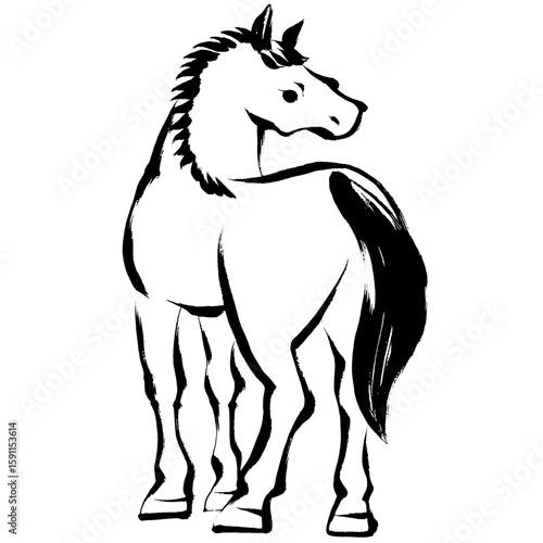 午年、年賀素材、墨・筆タッチ_振り向く馬のベクターイラスト