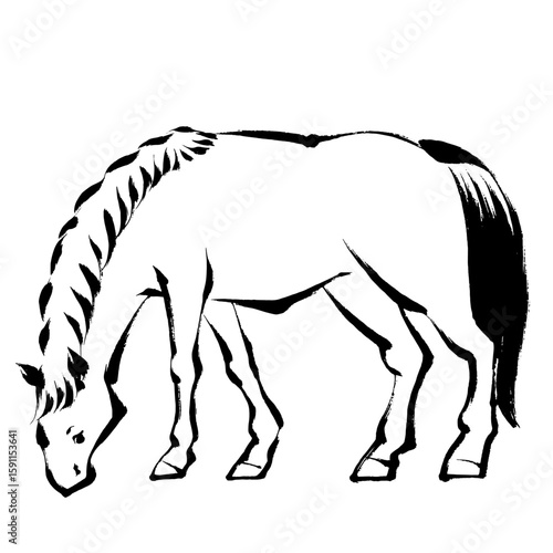 午年、年賀素材、墨・筆タッチ_草を食べる馬のベクターイラスト