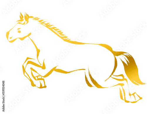 午年、年賀素材、墨・筆タッチ_跳ぶ馬のベクターイラスト_ゴールド