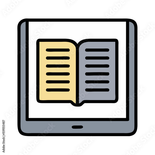 Ebook reader showing open pages, flat vector style, representing digital book, portable literature, modern reading and learning, no people
