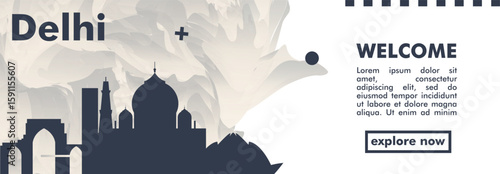 Delhi, India city banner with skyline, cityscape, landmarks. Horizontal travel vector illustration layout for website, page, presentation, header, footer
