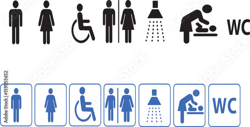 Toilet and Restroom Icon Set, Male, Female, Handicap, WC Signs, and Baby Changing Symbols Vector

