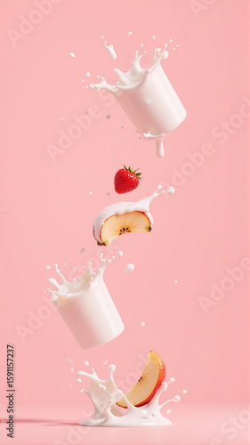 Strawberries, apple slices, and banana slices tumble into a splash of milk against a soft pink background. The lively motion and fresh colors create a vibrant, appetizing composition.