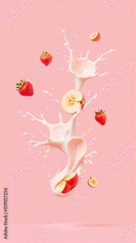 Strawberries, apple slices, and banana slices tumble into a splash of milk against a soft pink background. The lively motion and fresh colors create a vibrant, appetizing composition.