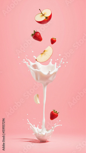 Strawberries, apple slices, and banana slices tumble into a splash of milk against a soft pink background. The lively motion and fresh colors create a vibrant, appetizing composition.