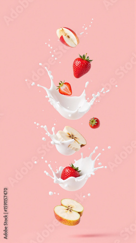 Strawberries, apple slices, and banana slices tumble into a splash of milk against a soft pink background. The lively motion and fresh colors create a vibrant, appetizing composition.