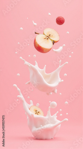 Strawberries, apple slices, and banana slices tumble into a splash of milk against a soft pink background. The lively motion and fresh colors create a vibrant, appetizing composition.