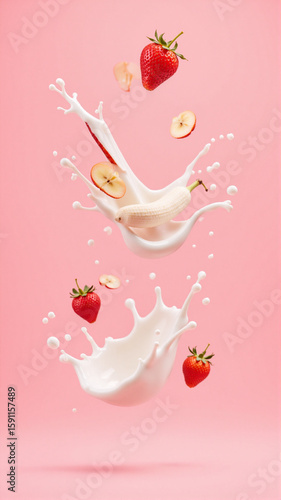Strawberries, apple slices, and banana slices tumble into a splash of milk against a soft pink background. The lively motion and fresh colors create a vibrant, appetizing composition.