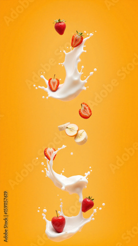 Strawberries, apple slices, and a banana burst through a creamy liquid against a bright orange backdrop. The splash and floating fruit create a dynamic, fresh, and visually striking composition.