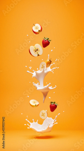 Strawberries, apple slices, and a banana burst through a creamy liquid against a bright orange backdrop. The splash and floating fruit create a dynamic, fresh, and visually striking composition.