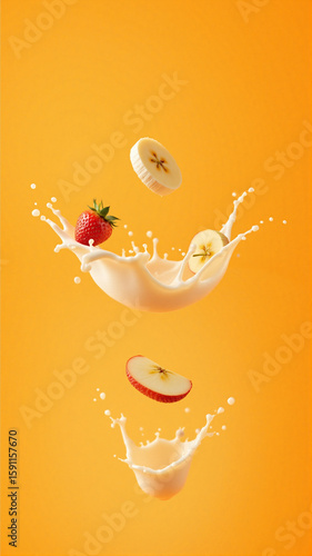 Strawberries, apple slices, and a banana burst through a creamy liquid against a bright orange backdrop. The splash and floating fruit create a dynamic, fresh, and visually striking composition.