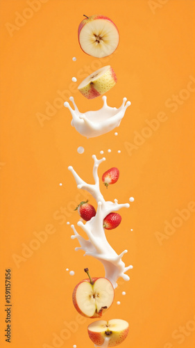 Strawberries, apple slices, and a banana burst through a creamy liquid against a bright orange backdrop. The splash and floating fruit create a dynamic, fresh, and visually striking composition.