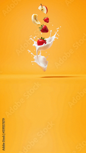 Strawberries, apple slices, and a banana burst through a creamy liquid against a bright orange backdrop. The splash and floating fruit create a dynamic, fresh, and visually striking composition.