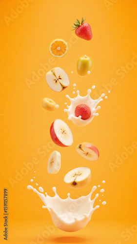 Strawberries, apple slices, and a banana burst through a creamy liquid against a bright orange backdrop. The splash and floating fruit create a dynamic, fresh, and visually striking composition.