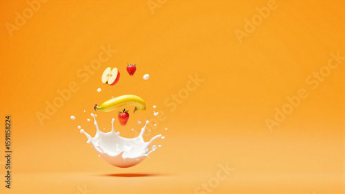 An apple, a strawberry, and an apple slice splash into creamy milk against a vivid orange background. The dynamic motion and bold colors create a fresh and energetic composition.