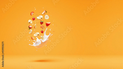 An apple, a strawberry, and an apple slice splash into creamy milk against a vivid orange background. The dynamic motion and bold colors create a fresh and energetic composition.