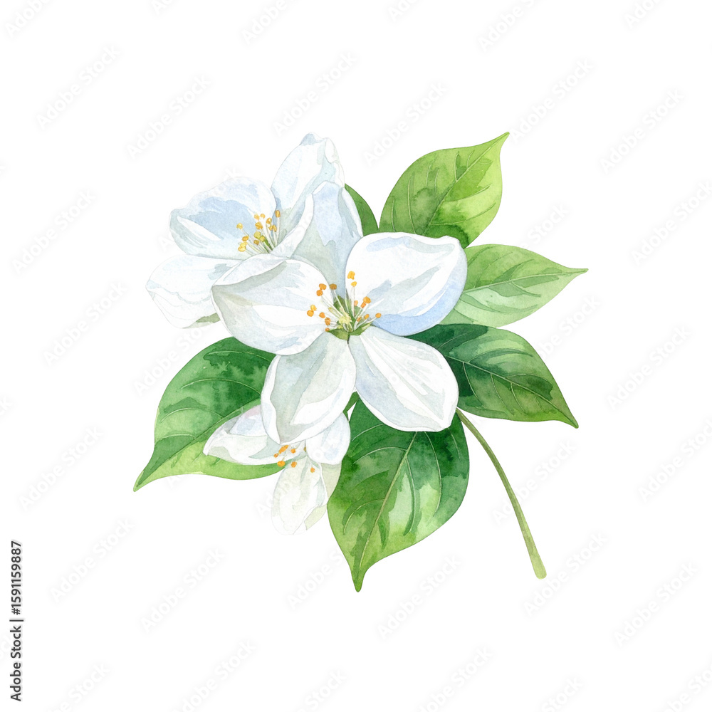 Fototapeta premium Delicate watercolor apple blossom branch with green leaves on transparent background