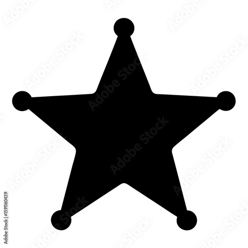 Black silhouette five pointed sheriff star with spherical details on white