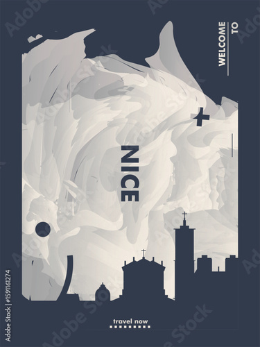 Nice, France city poster, flyer with skyline, landmarks. Travel vector illustration for print, brochure, leaflet, website, page, presentation, real estate