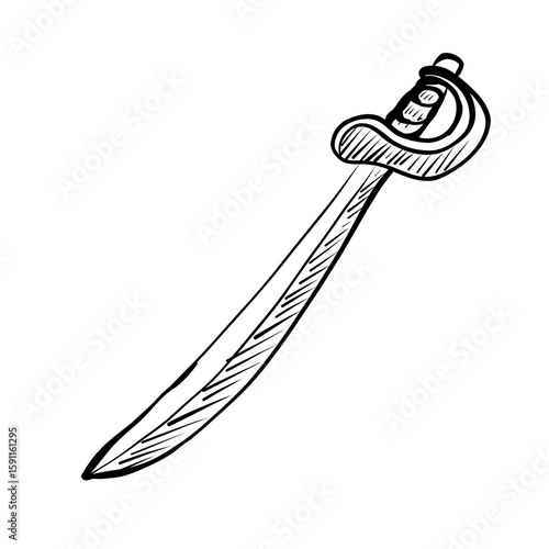 A curved sword is depicted with a well-defined hilt and blade. The drawing emphasizes the elegant design and craftsmanship of this weapon.