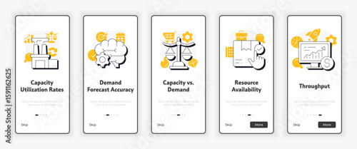 Capacity management metrics mobile onboarding screen. Business organization UX UI illustration. Flat outline style icons with yellow accent. Informa Pro Bold, Montserrat Light fonts used
