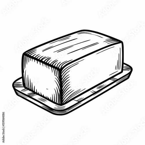 Monochrome hand-drawn vector of a slab of butter on a rectangular butter dish, symbolizing dairy products, breakfast ingredients, and cooking essentials in vintage style  
