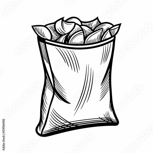 Monochrome hand-drawn vector of an opened chips bag with visible contents, symbolizing crunchy snack food, packaged goods, and casual eating in stylized vintage form  
