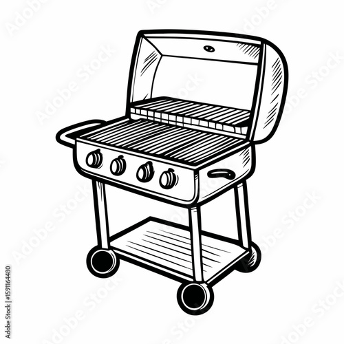 Monochrome hand-drawn vector of a wheeled gas grill with open lid, symbolizing barbecue equipment, outdoor cooking, and summer picnic preparation  
