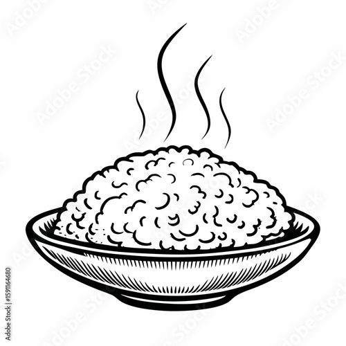 Monochrome hand-drawn vector of a steaming plate of rice, symbolizing cooked grain dish, traditional meal, and healthy nutrition in vintage food illustration  
