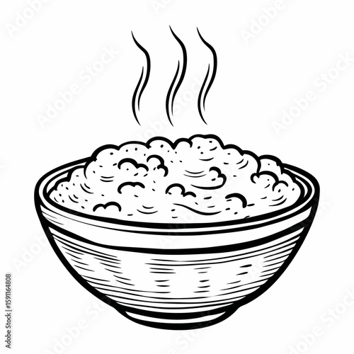 Engraved monochrome vector of a bowl of porridge or hot cereal with steam, symbolizing breakfast food, healthy grain meal, and homemade nutrition  

