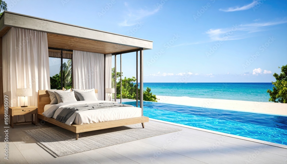 Fototapeta premium Luxurious beachside bedroom with a private pool