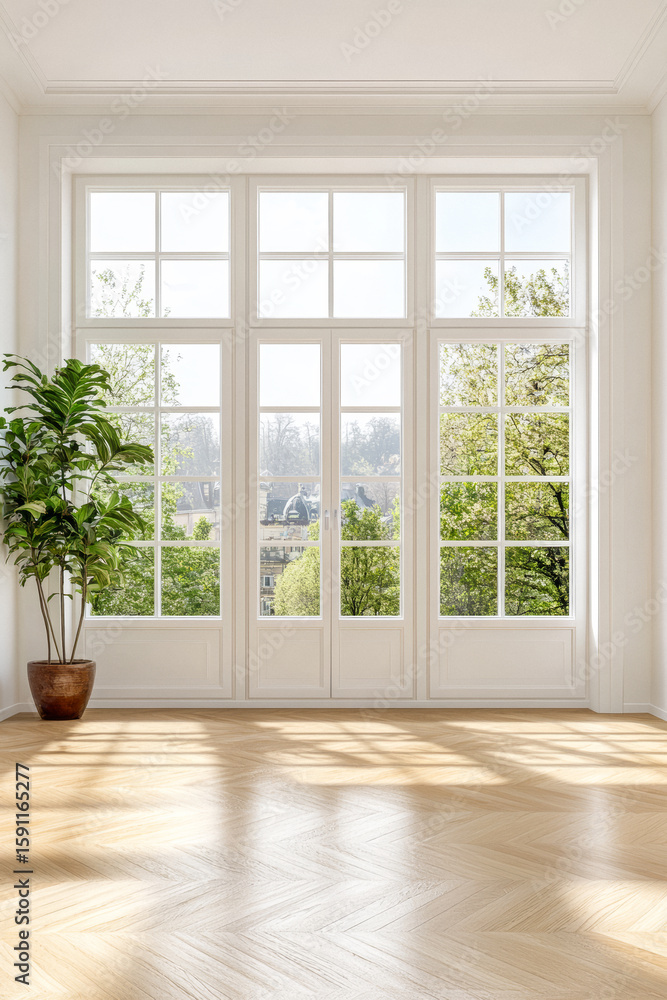 Fototapeta premium Bright and airy interior with large windows showcasing green landscape and natural light in a serene setting