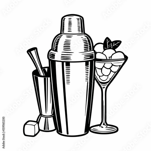 Hand-drawn cocktail shaker with glass and garnish on white background in black line style, representing barware tools, drink mixing, and classic beverage preparation
